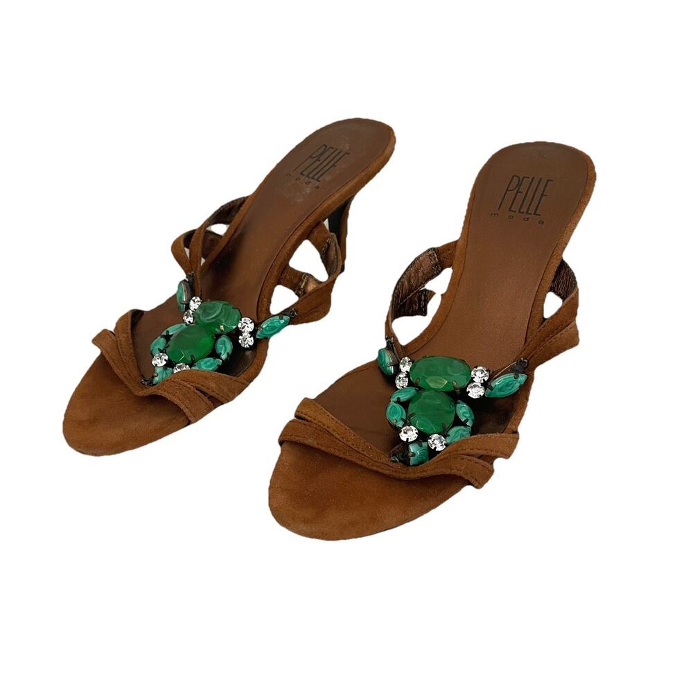 Pelle Moda Brown Suede Green Bejeweled Gem & Rhinestone Kitten Heel Sandals Sz 7